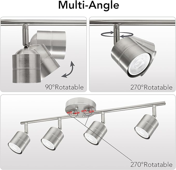 4-Light 26.25'' Track Lighting Kit - 270° Swivel & 90° Tilt Adjustable, Brushed Nickel Ceiling Spot Lights with 4 x 5W GU10 LED Bulbs, for Kitchen, Living Room, Gallery, Shop Display