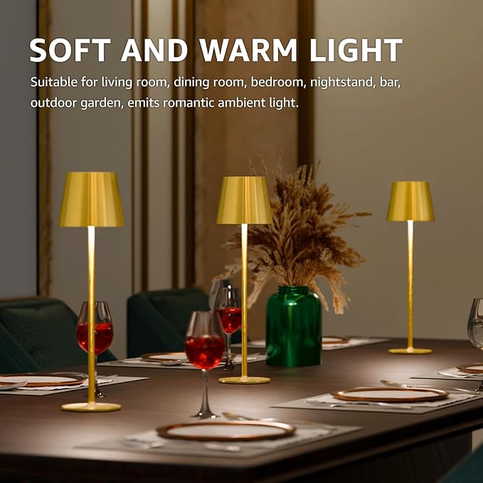 uuffoo 3 Pack Cordless Table Lamp Rechargeable 5000mAH Battery Operated Lights Touch Control LED Portable Desk Lamps 3 Color Dimming for Outdoor Coffee Bedroom Kitchen (Gold)