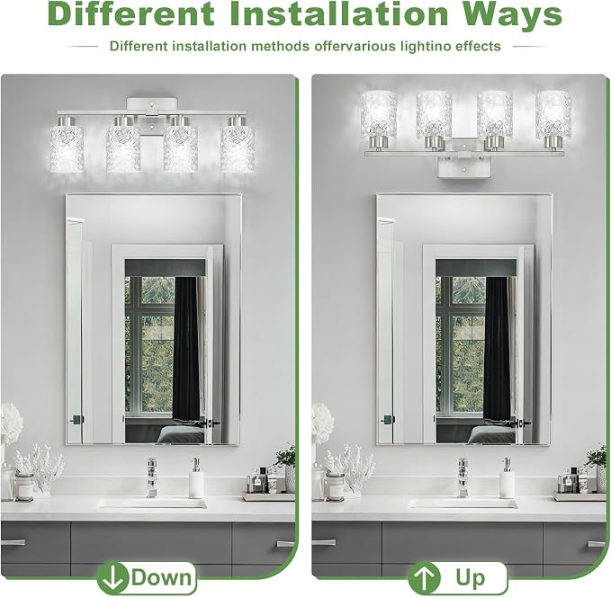 4-Light Bathroom Light Fixtures, Brushed Nickel Vanity Lights Over Mirror | Wall Sconces with Clear Textured Glass Shades for Living Room Bedroom Hallway,E26 Base (Bulbs Not Included)