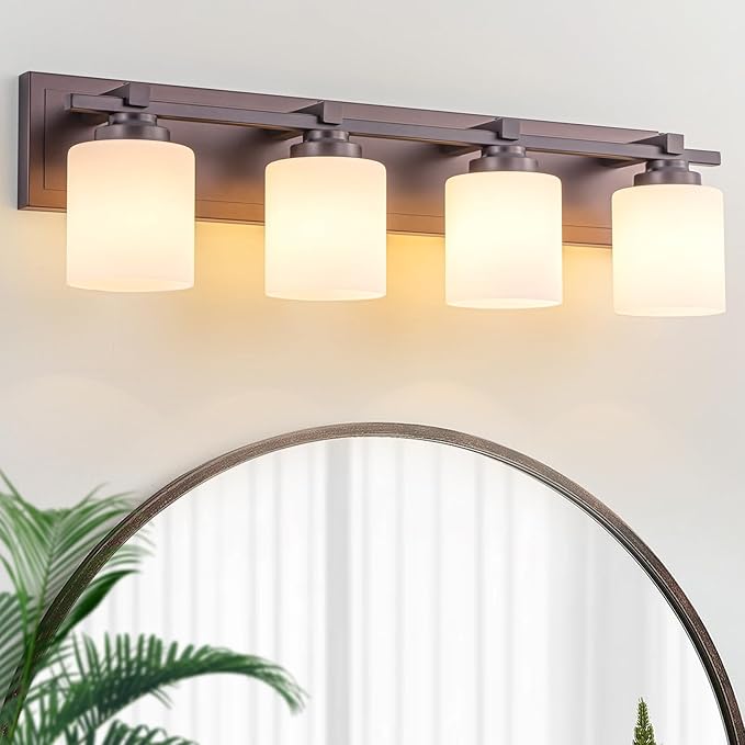 Modern Bathroom Light Fixtures Over Mirror, Vanity Lights for Bathroom Wall Sconces with Milky White Glass Shades, E26 Socket (Bulbs Not Included), 4 Light, Oil Rubbed Bronze