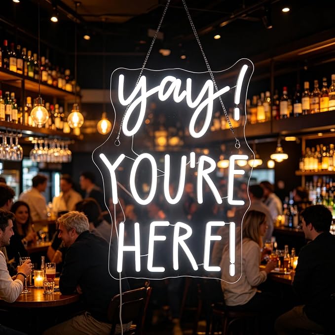 "Yay! You're Here!" Neon Sign, Positive Quotes Decorative Neon Lights for Home Room Classroom Wall Decor, Office Wall Decor Neon Light Sign, Christmas Birthday Gift,Thanksgiving Gift(white)