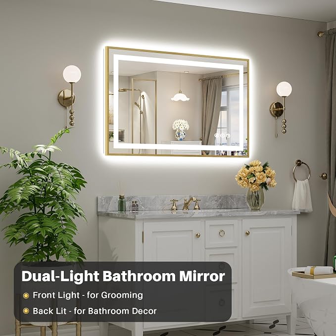 48x30 Inch LED Bathroom Mirror with Gold Frame, Backlit & Front Lit | Anti-fog, 3 Color Dimmable, Memory Function, HD Reflection Tempered Glass, ETL Listed, IP54 Waterproof