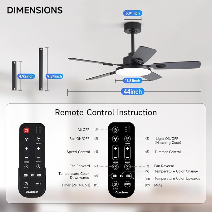 44 Inch Ceiling Fans with Lights and Remote for Bedroom Living Room Kitchen Office, Indoor/Outdoor Use, 5CCT Dimmable, Dual Color 5 Blades, 6 Speed Reversible Quiet DC Motor, Black/Wood Grain