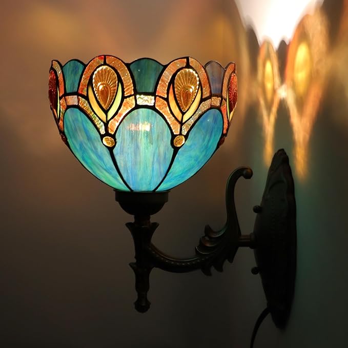 Tiffany Sconce Lamp Stained Glass Wall Lamp,8X10.5X11 Inch Plug in Wall Bedside Light for Hallway Bedroom (Peacock Crystal)