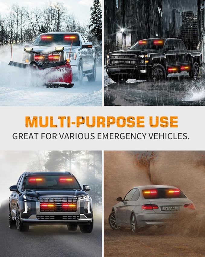 XRIDONSEN 2x 10.7 inch Amber Red Emergency Lights 24 LED Warning Flashing Safety Dash Side Window Front/Rear Windshield Strobe Lights Traffic Advisor Bar for Tow/Plow Trucks Construction Vehicles