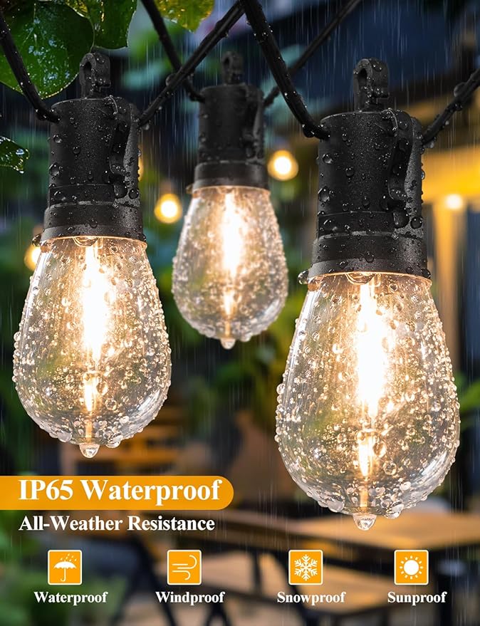 Brightever 50FT LED String Lights, Outdoor Lights for Patio with 16 Shatterproof S14 Edison Bulbs, Commercial Grade Waterproof Rope Light for Outside, Cafe, Bistro, Porch, Garden, 2700K Warm White