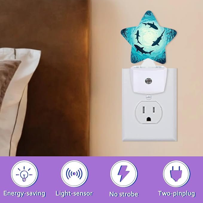Night Lights Plug Into Wall Decorative,Shark Nightlights for Kids Bedroom, Green Ocean Energy Efficient Dusk-to-Dawn Sensor Sleep Friendly Lamp for Nursery Bathroom