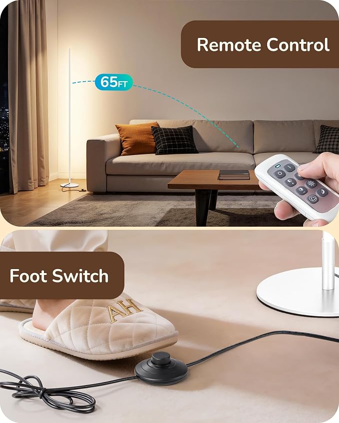 EDISHINE 57.5" Corner Lamp with Remote & Foot Switch, Dimmable & 7 CCT | 2700-6000K, Tall Corner Lamp for Bedrooms, Living Rooms, Offices , Sturdy Base, Silver