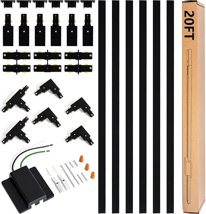 20FT H Track Lighting Rails Kit, Black | H Type Track Rails with Floating Canopy Connector, End Caps, Live End Feed and T L Connector