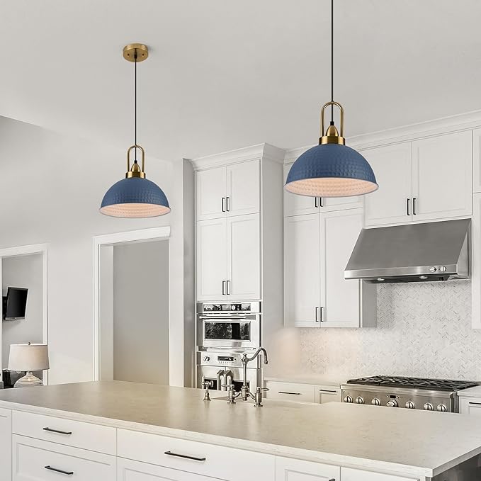 Blue Pendant Lights Kitchen Island Industrial Adjustable Height Vintage Dome Hanging Light Fixtures for Barn, Dining Room 1 Pack