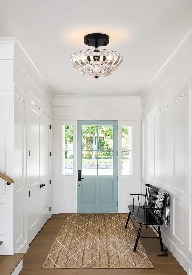 Semi Flush Mount Ceiling Light, Mini Vintage Black Close to Ceiling Light Fixture with Glass Shade, Modern Lighting for Bedroom Hallway Kitchen Laundry-Clear