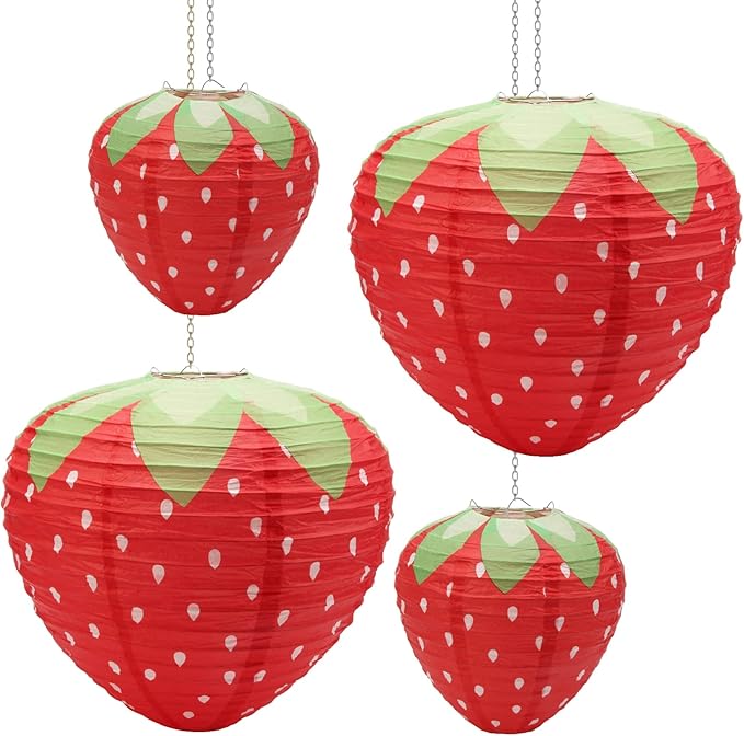 4Pcs Strawberry Paper Lanterns, Windspeed Large Strawberry Paper Lantern Hanging Decor 3D Strawberry Decoration Hanging For strawberry Birthday party decorations 8 inch, 12 inch (red)
