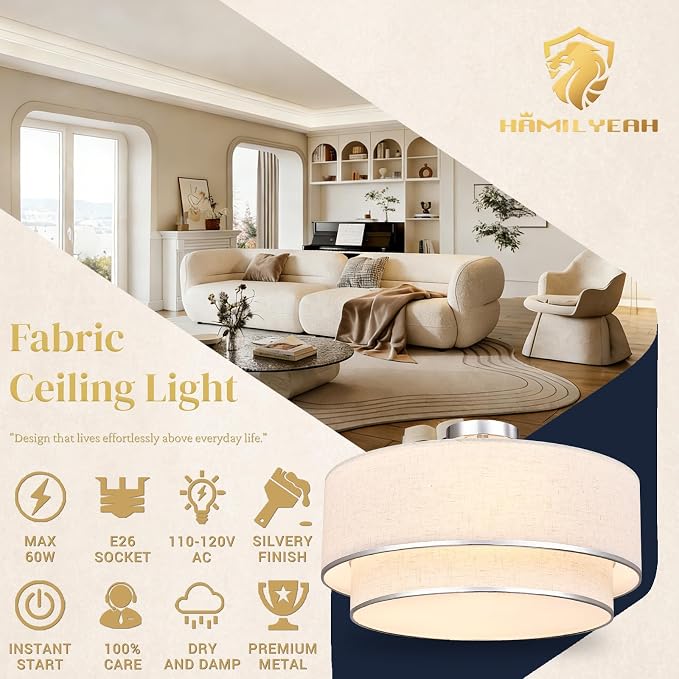 Hamilyeah 20 Inch Semi Flush Mount Ceiling Light, Dual Drum Fabric Shade Ceiling Light Fixture with Silver Metal Trim, Modern Ceiling Lamp for Bedroom, Living Room, Dining Room, Kitchen, Hallway