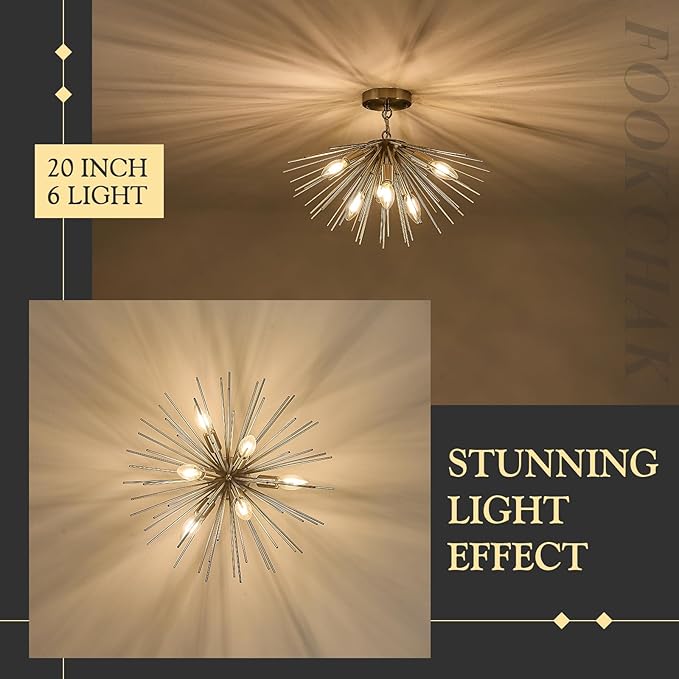 Nickel Sputnik Chandelier 6-Light Starburst Chandelier Ceiling Light Mid Century Modern Satellite Light Fixture Solid Metal Urchin Chandeliers for Entry Dining Room Kitchen Sink Bathtub