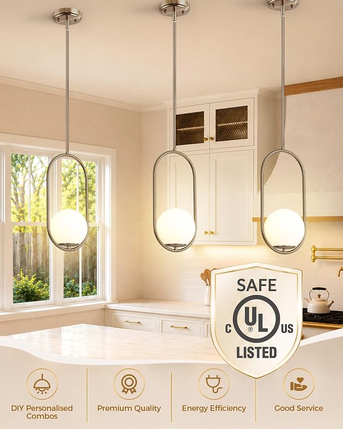 Majade Pendant Lights Kitchen Island, Mid Century Modern Pendant Light Fixtures, Champagne Bronze Globe Glass Pendant Lighting, Chandelier Adjustable Hanging Light for Dining Room Bathroom Bedroom