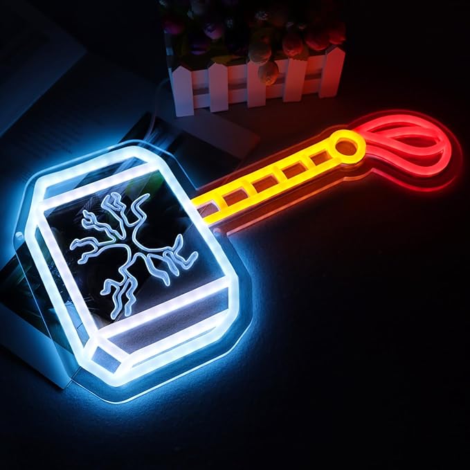 Thor Hammer Neon Sign for Man Cave, Marvell MCU LED Light Dimmanble USB Powered Wall Art for Game Room, Bar Decor