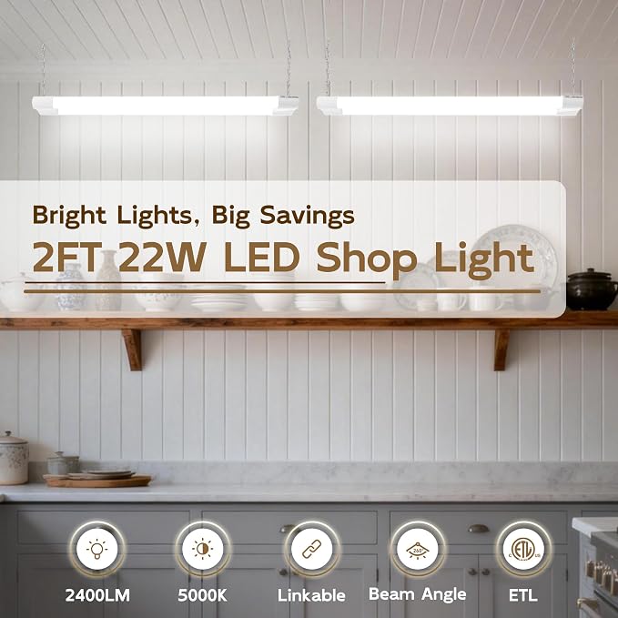 hykolity LED Shop Light 2FT, 22W [200W Equivalent],2400LM,6 Pack | 5000K Daylight,with Plug,Linkable Led Garage Ceiling Lights,Shop Lights for Garage, Workshop,Hanging or Surface Mount, White