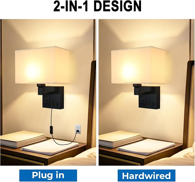 Plug in Wall Sconces, Wall Lamp with Black Base Square lampshade | Wall Lights for Bedroom Bulb Included, Wall Mounted Lamp with 3 Color Temperature, Bedside Lamps with USB Ports and AC Outlet