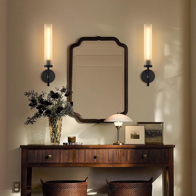 Modern Hardwired Frosted Glass Bathroom Black Wall Sconces 2PC, Handmade Knurled Wall Light Fixture,Vanity Light for Living Room,Hallway, Bedroom, 20" Indoor Wall Lamp, Bulb Included