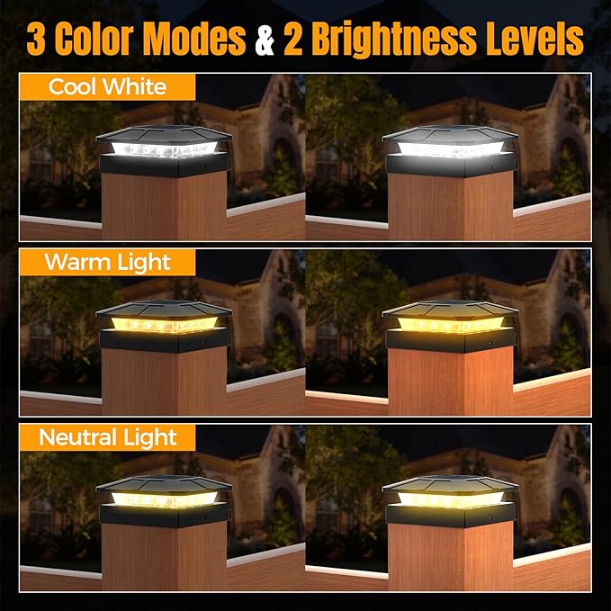 4x4 Solar Fence Post Cap Lights Outdoor Waterproof, 4 Pack | IP65, 3 Modes Auto On/Off,Deck, Garden, Patio, Deck, Backyard, Porch, Sidewalk