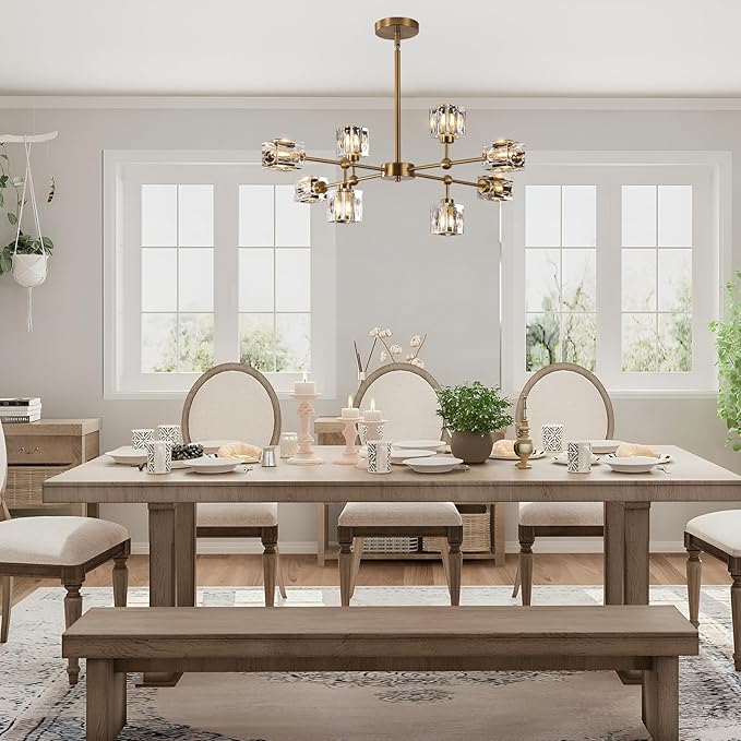 8-Light Gold Crystal Chandelier Modern Sputnik Chandeliers for Dining Room Adjustable Height Sputnik Ceiling Light Fixture for Living Room Kitchen Island Bedroom