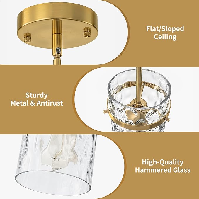 2 Pack 5.5" Brass Hammered Glass Pendant Light, Brushed Gold Island Pendant Lights Adjustable Mdern Pendant Light Fixtures Dining Room Farmhouse Chandelier Pendant Kitchen Lighting