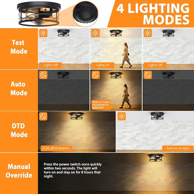 Dusk to Dawn Flush Mount Ceiling Light Fixtures, Motion Sensor for Porch | 2-Light Flush Mount Porch Light, 10in Black Ceiling Mount, Industrial Exterior Light Fixture for Farmhouse Entryway Foyer