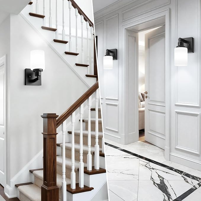 Set of 2 Wall Sconces for Bathroom, Black 1 Light Bathroom Vanity Light,Modern Wall Sconces Indoor with White Glass Shades,Farmhouse Wall Lamp for Bedroom Living Room Mirror Hallway