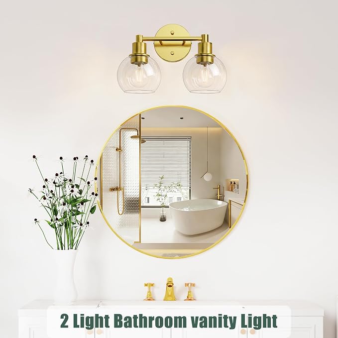 2 Light Bathroom Light Fixtures, Brushed Brass Bathroom Vanity Lights, Modern Vanity Lights 2-Light Globe Bathroom Vanity Lighting Fixture Over Mirror