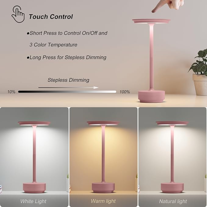 TBBGA 2 Pack Rechargeable Table Lamps Cordless, 5000mAh Outdoor Table Light | 3 Color Stepless Dimming Portable LED Table Lamp with Memory Function, for Home/Dinner/Patio/Restaurant.(Pink)