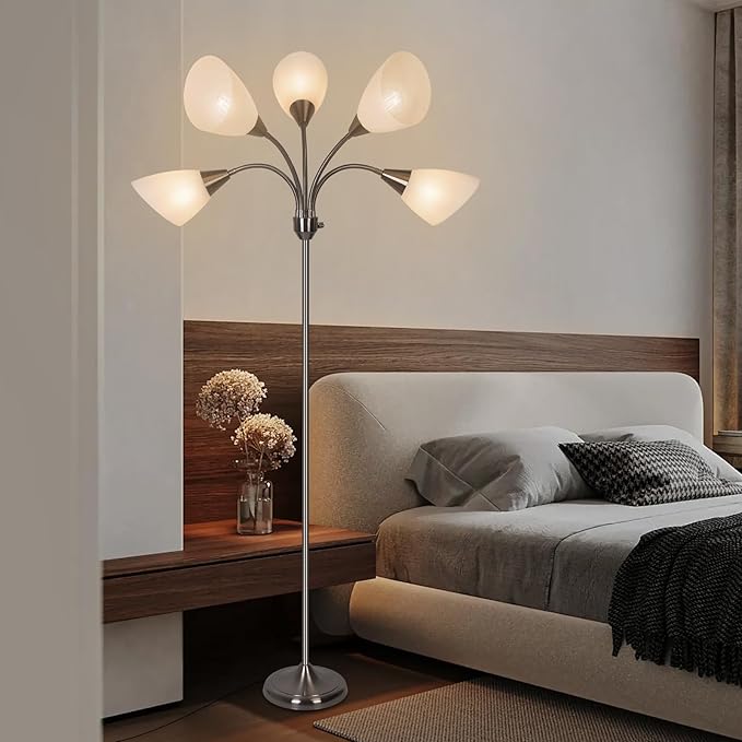 HonoDing Medusa Floor Lamps Standing Lamps 5 Heads Adjustable Reading Light Large Shade Use E26 A19 Bulb for Living Room Bedroom Satin Nickel