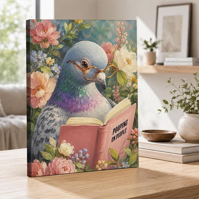 NSFBESSLIA Funny Reading Pigeon Painting, Whimsical Vintage Bird Decor, Pooping On People, Cottagecore Floral Wall Art for Living Room Bedroom Entryway, 8x10 Inch
