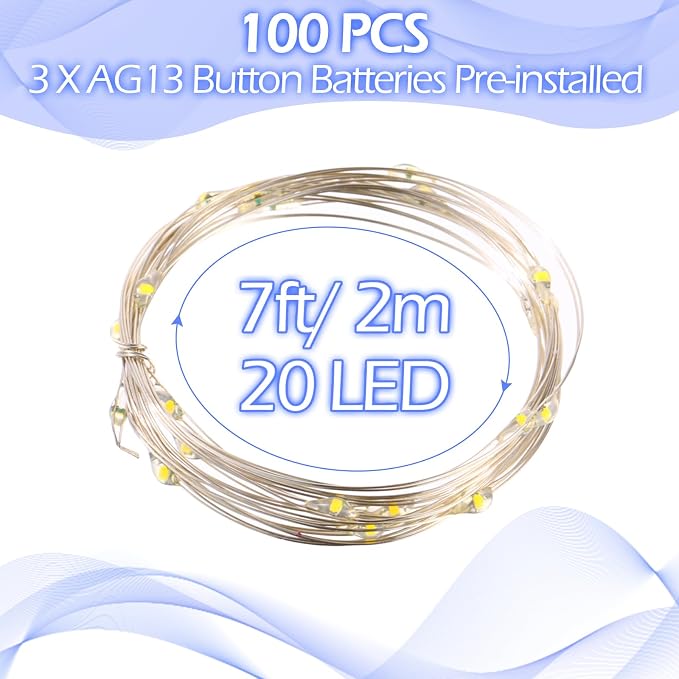 100 Packs Fairy Lights Battery Operated 3 Speed Modes, 7 Ft/ 2 M 20 LED Battery String Mini Waterproof Wire Twinkle Lights Bulk for Wedding Party Birthday Vases Decor (Cool White)