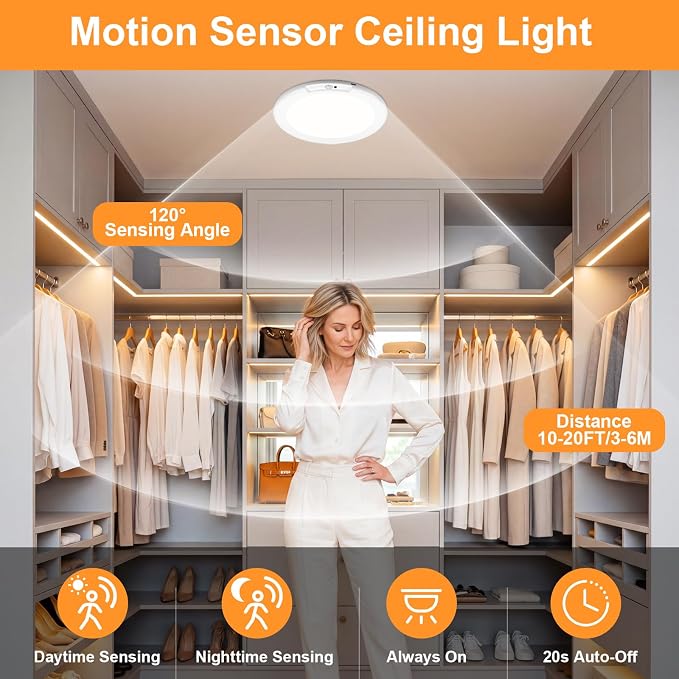 LNRYY 4Pack Rechargeable Motion Sensor Magnetic Ceiling Light with Remote | Wireless, Battery Operated, LED, 3 Color, Dimmable, Indoor, for Shower, Closet, Pantry, Living Room, Shed, Hallway, Porch