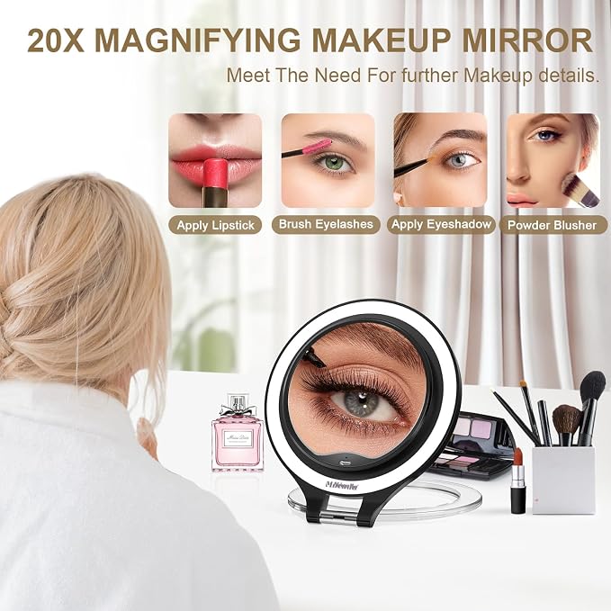 Mocado 1X/20X Magnifying Mirror with Light, Travel Makeup Mirror with Light | Double Sides Travel Mirror with 3 Color Light, Dimmable Touch, 1500mAh Rechargeable, Brightness Adjustable(Black)