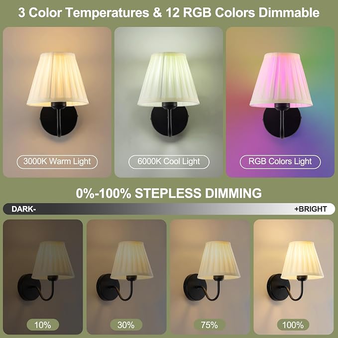 Vintage Battery Operated Wall Sconces Set of 2, Pleated Fabric Shade Black Wall Lamp with Remote Control, Cordless Rechargeable Wall Sconces Fixtures for Bedroom, Living Room, Beside