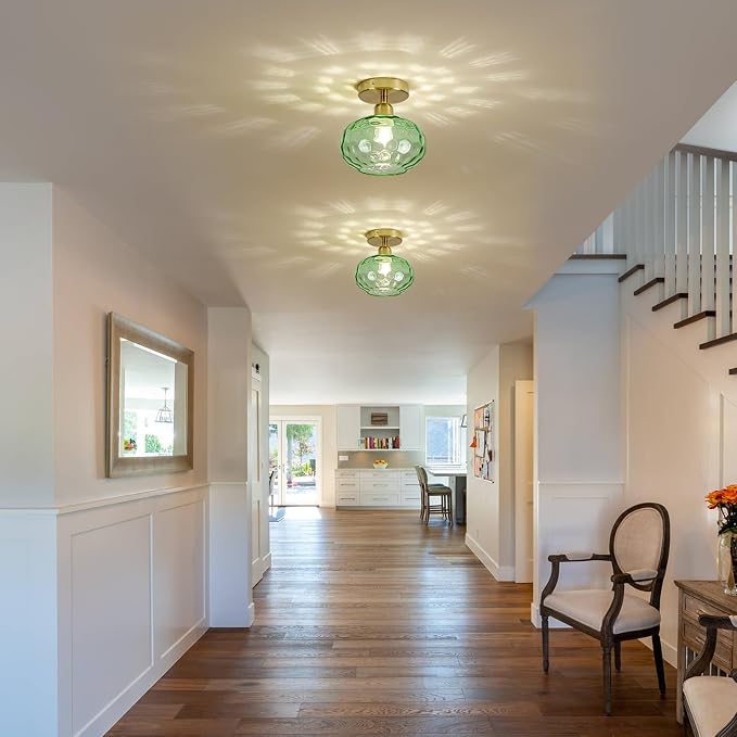 7.9″ Small Semi Flush Mount Ceiling Light ,Green Hallway Light Fixtures | Art Deco Hammered Glass,Whimsical,Vintage Gold Mid Century MCM Lighting for Closet Cottage Entryway Laundry Room Foyer