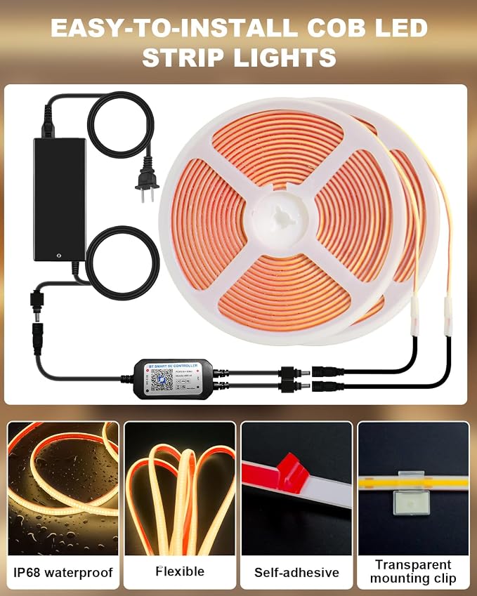 100FT COB Led Outdoor Strip Lights Waterproof IP68 | 24V 2700K Warm White Outdoor Led Strip with APP and Remote Control, Suitable for Eaves, Garden, Pool, Terrace, Bathroom