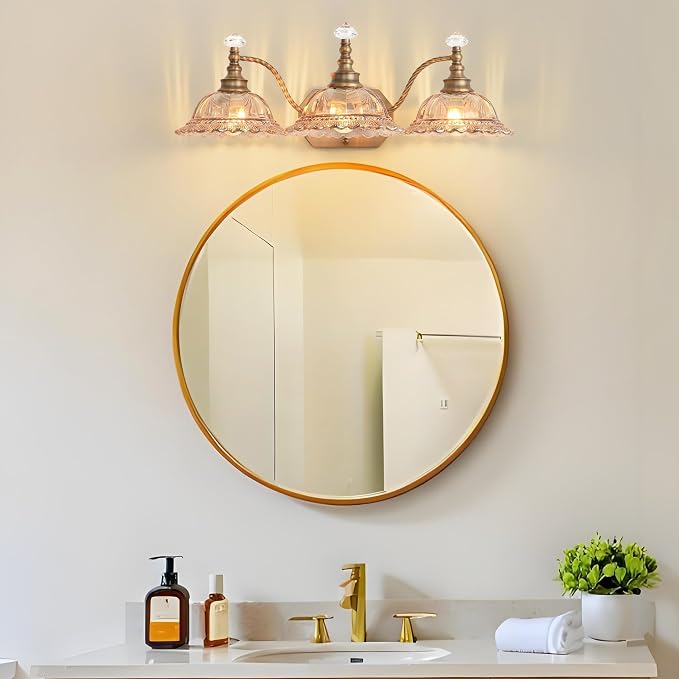 Vintage Bathroom Vanity Light Fixtures, 3-Light Matte Brass Finish Vanity Light with Flower-Shaped Amber Glass Shades, Retro Wall Sconce for Mirror, Powder Room, Bedroom