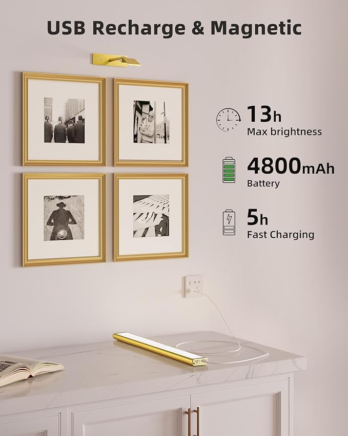 EZVALO Picture Light for Wall, 4800mAh 13'' Rechargeable Wireless Lights with IR Remote Control, Dimmable Magnetic LED Art Display Light with 3 Color Temp, for Gallery, Living Room, Bedroom(Gold)