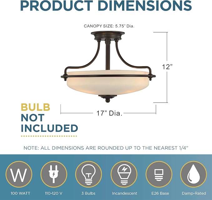 Quoizel Griffin 17" Semi-Flush Mount Ceiling Light, Palladian Bronze | 3-Light, Opal Etched Glass, ETL Damp Rated, Transitional Style