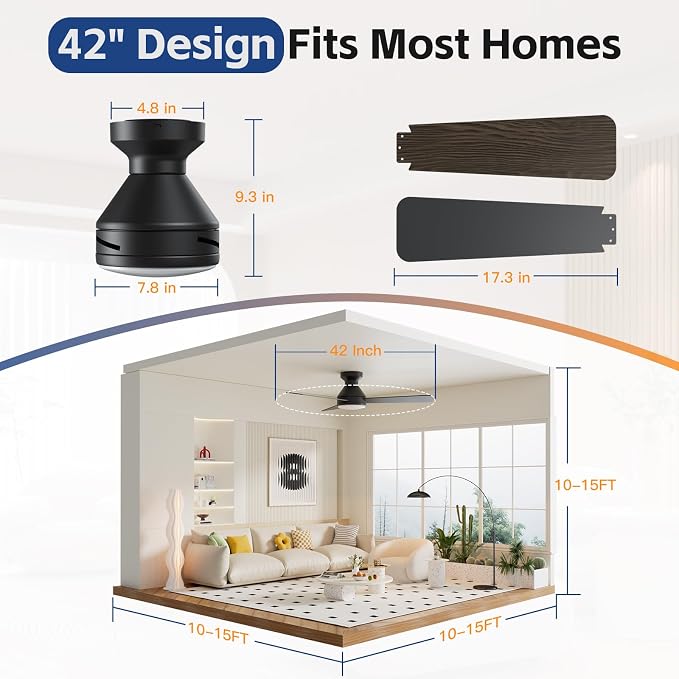 Ceiling Fans with Lights, 42 Inch Ceiling Fan with Light And Remote, 3CCT Flush Moun Low Profile Ceiling Fans, 6 Speed Noiseless LED Ceiling Fan, Black Ceilings Fan with Remote for Bedroom Living Room