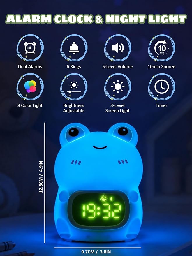 Frog Alarm Clock with Night Light for Kids, Silicone Cute Toddler Wake Clock, Rechargeable 7 Colors RGB & Warm Light, Sleep Companion for Boys Girls