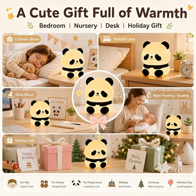 Cute Panda Night Light for Kids, Silicone Baby Squishy Lamp, 3-Level Dimmable Nursery Light for Bedroom, Rechargeable Portable Lamp, Desk Decor Birthday Christmas White Elephant Gift