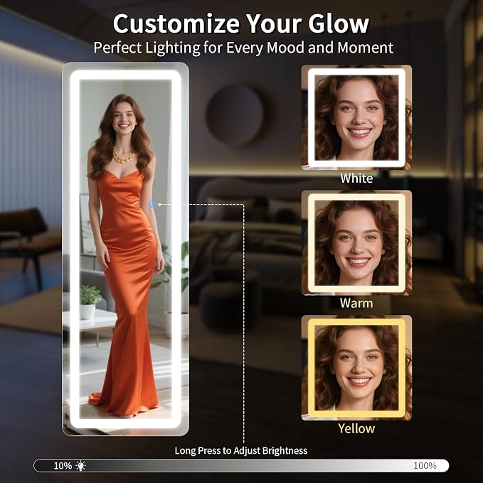 Koonmi Full Length Mirror with LED Lights, 68"x26" Lighted Mirror with Dimming & 3 Color Lighting, Big Mirror for Bedroom, Dressing Room, Rectangle,White