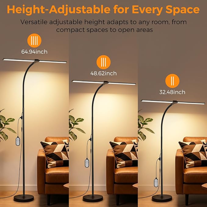 Dual-head LED Floor Lamp 20W 1400LM Adjustable Neck Color Changing Light | Adjustable Brightness & Color Temperature, Modern Corner Tall Standing Lamp for Living Room Office Bedroom Reading