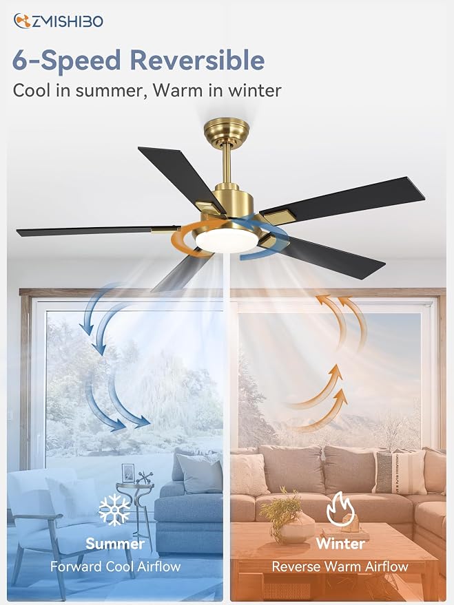 ZMISHIBO 52” Mid Century Ceiling Fan with Light, Remote, Black and Gold | High CFM Powerful Airflow, Quiet DC Motor, 3 CCT LED, Indoor/Covered Outdoor, Dual-Finish, Damp Rated