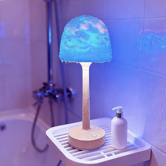Shower Lamp Waterproof, Rechargeable Cordless Table Lamp (Khaki) | 16 color ocean wave projection with remote& touch control, Battery powered lamp for Inside Showers/ Bathtubs, Bedroom, patio