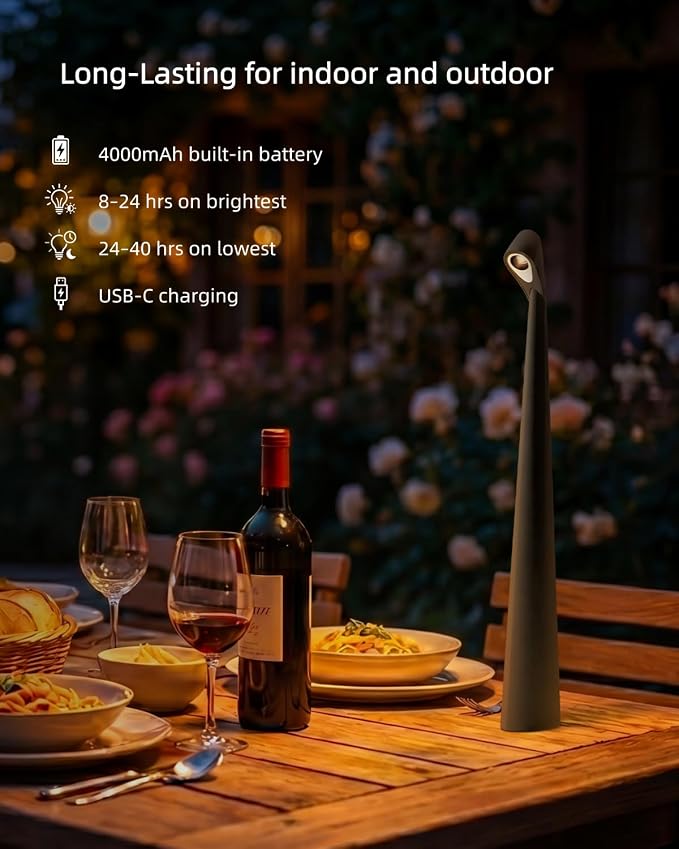 Cordless LED Table Lamp, 4000mAh Rechargeable Portable Desk Lamp, 3-Level Brightness, Bedside Night Light, Ambient Reading Light for Restaurant, Bedroom, Outdoor Camping, Night Light, Black