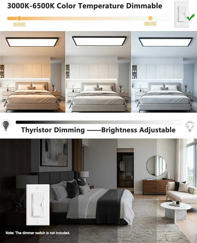 2Pack Black 37.8In Flush Mount Ceiling Light, 24W 5280lm Thyristor (TRIAC) Dimmable Rectangle LED Ceiling Light,3-CCT 3000-6500K with Memory Funcation,IP54 for Kitchen/Bathroom/Hallway/Office